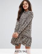 Asos Tall Mini Smock Dress With Pep Hem In Animal Print - Multi