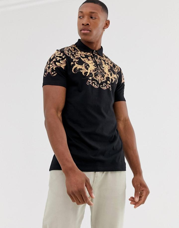 Asos Design Organic Cotton Polo With Baroque And Cherub Print-black