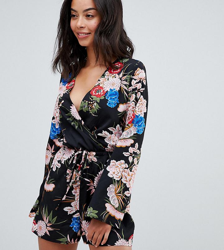 Parisian Tall Floral Print Wrap Romper - Black