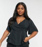 Asos Design Curve Tux Top With Angel Sleeve And Button Detail In Black