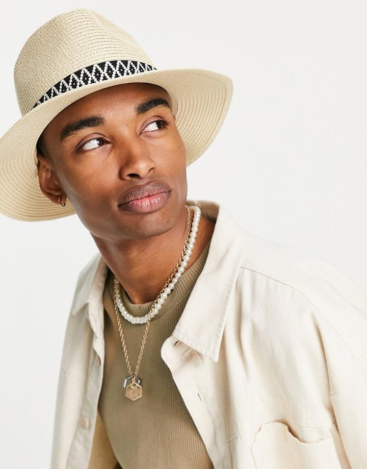 Asos Design Straw Fedora With Black And White Band-neutral