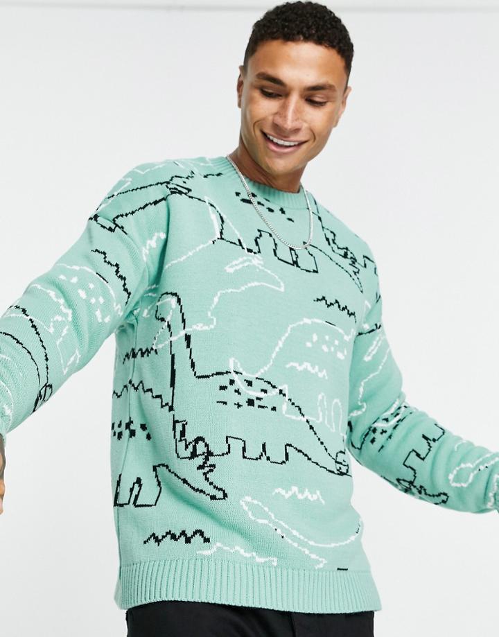Asos Design Oversized Knit Sweater With Dinosaur Print In Green-multi