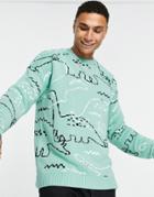 Asos Design Oversized Knit Sweater With Dinosaur Print In Green-multi