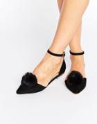 Miss Kg Goldie Pom Pom Ankle Strap Point Flat Shoes - Black