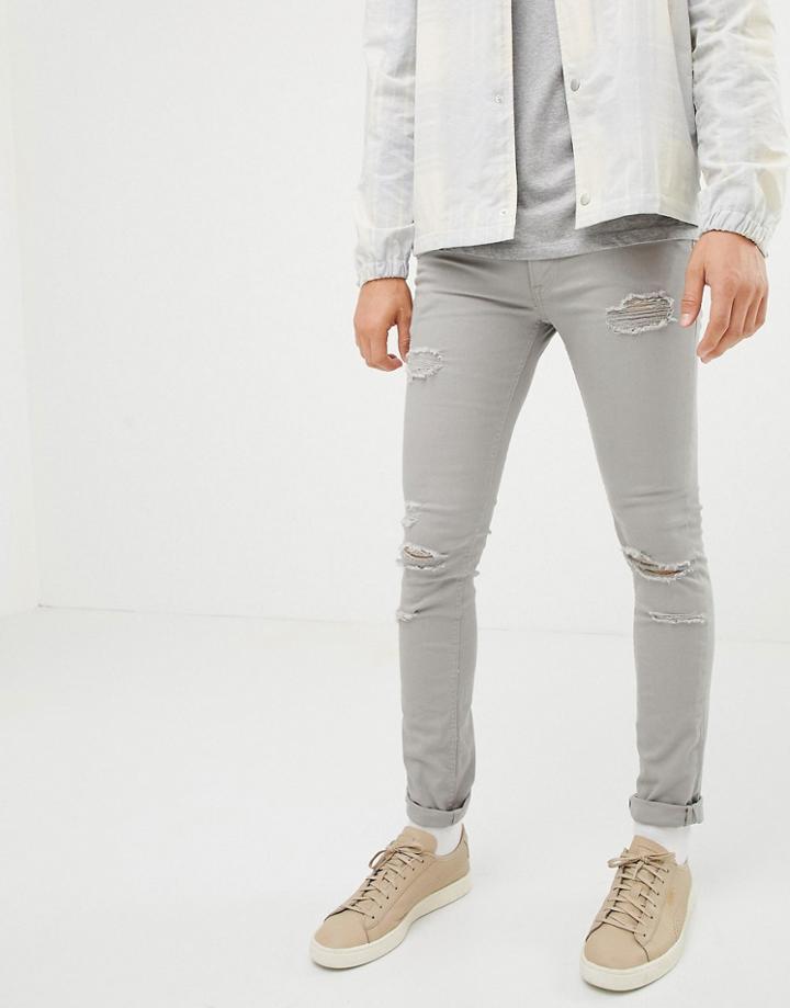 Jack & Jones Skinny Jeans In Destroyed Gray Denim - Gray