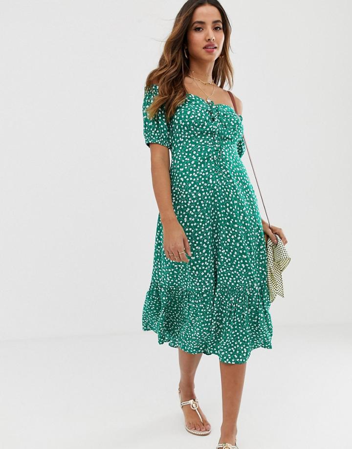 Asos Design Off Shoulder Midi Dress With Pephem In Ditsy Floral Print - Multi
