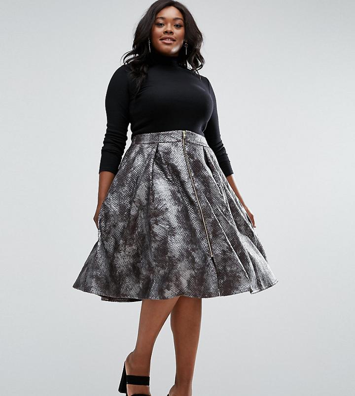 Elvi Plus Metallic Skirt In Reptile Print - Black