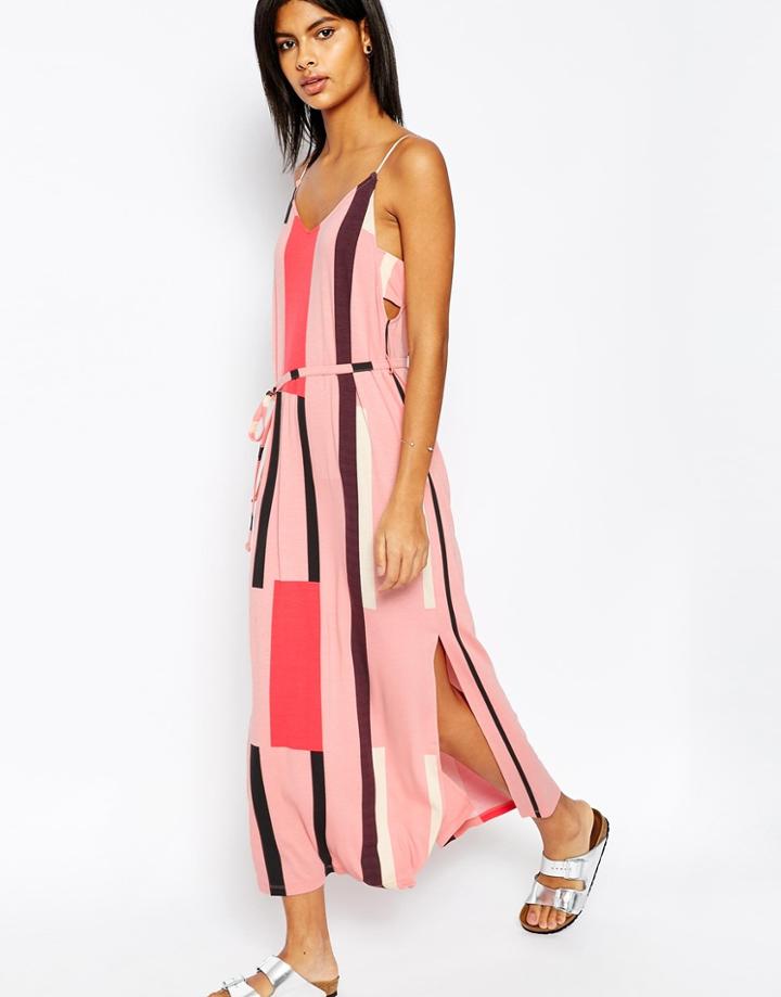 Asos Tab Side Maxi Dress In Block Print - Pink