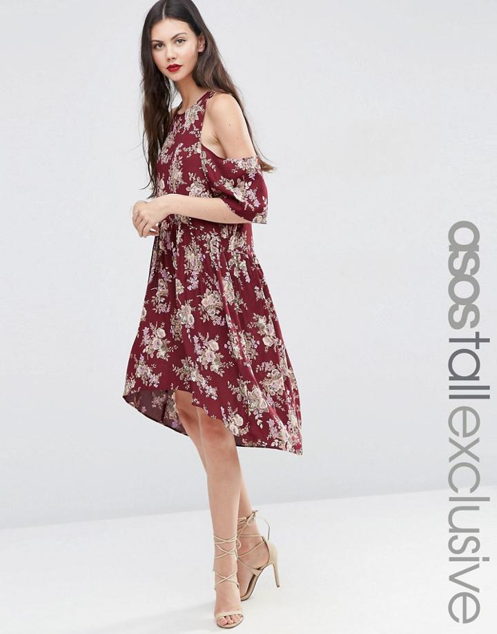 Asos Tall Midi Dress In Floral Print With Cold Shoulder - Multi