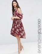 Asos Tall Midi Dress In Floral Print With Cold Shoulder - Multi