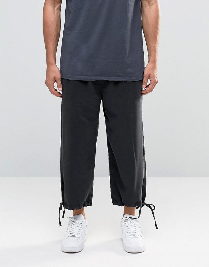 Asos Straight Leg Slinky Drawstring Pants In Cropped Length In Washed Black - Washed Black