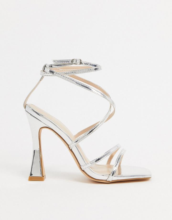 Glamorous Square-toe Sandals With Flared Stiletto In Silver Mirror