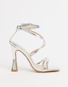 Glamorous Square-toe Sandals With Flared Stiletto In Silver Mirror