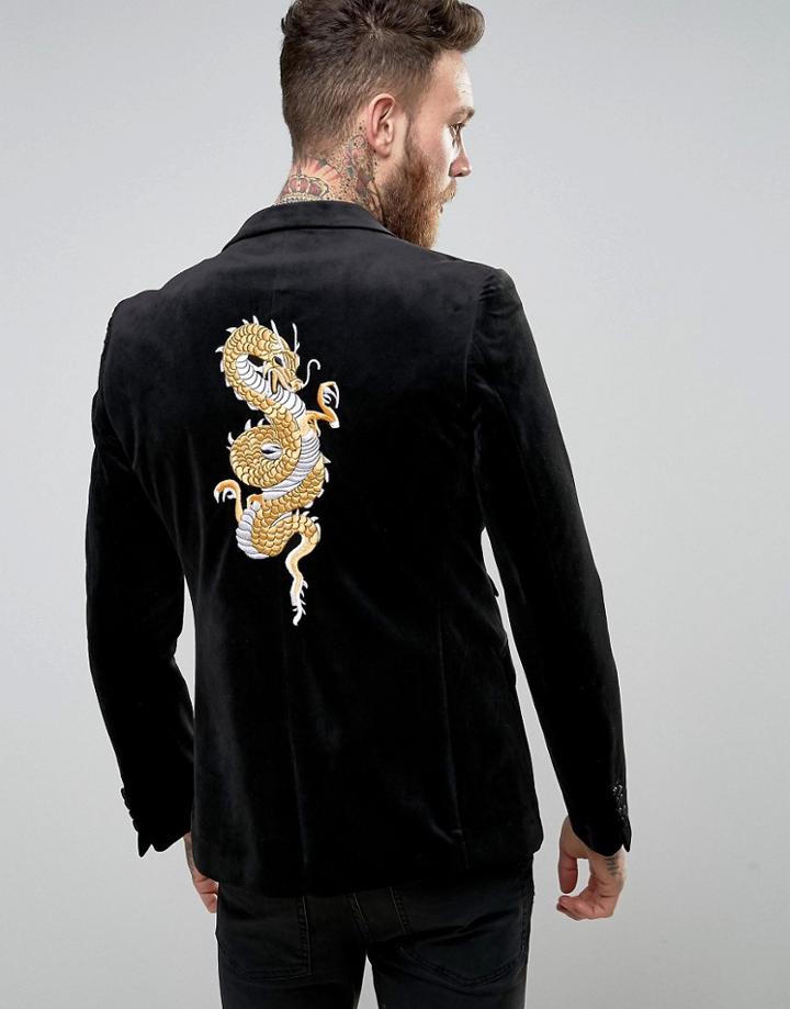 Devils Advocate Skinny Fit Black Velvet Blazer With Dragon Embroidery - Black