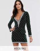 Asos Design Tall Long Sleeve Velvet Embellished Plunge Mini Dress-green