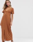 Asos Design Jersey Crepe Maxi Tea Dress With Self Covered Buttons In Brown Spot - Multi
