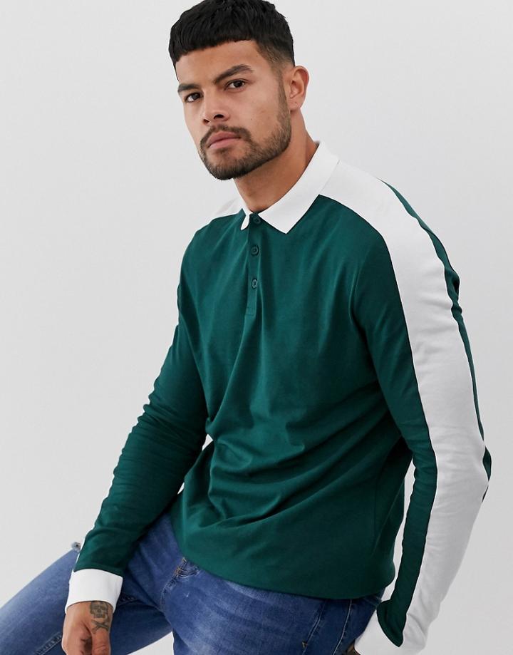 Asos Design Organic Long Sleeve Polo Shirt With Contrast Shoulder Panel In Green - Green