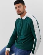 Asos Design Organic Long Sleeve Polo Shirt With Contrast Shoulder Panel In Green - Green