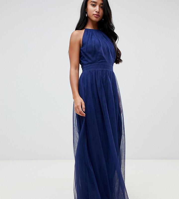 Little Mistress Petite High Neck Pleated Maxi Dress-navy