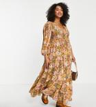 Asos Design Curve Shirred Wrap Tiered Skirt Maxi Dress In Mustard Floral Print-multi