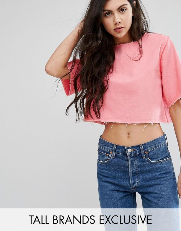 Waven Tall Crop Top With Frayed Hem - Pink