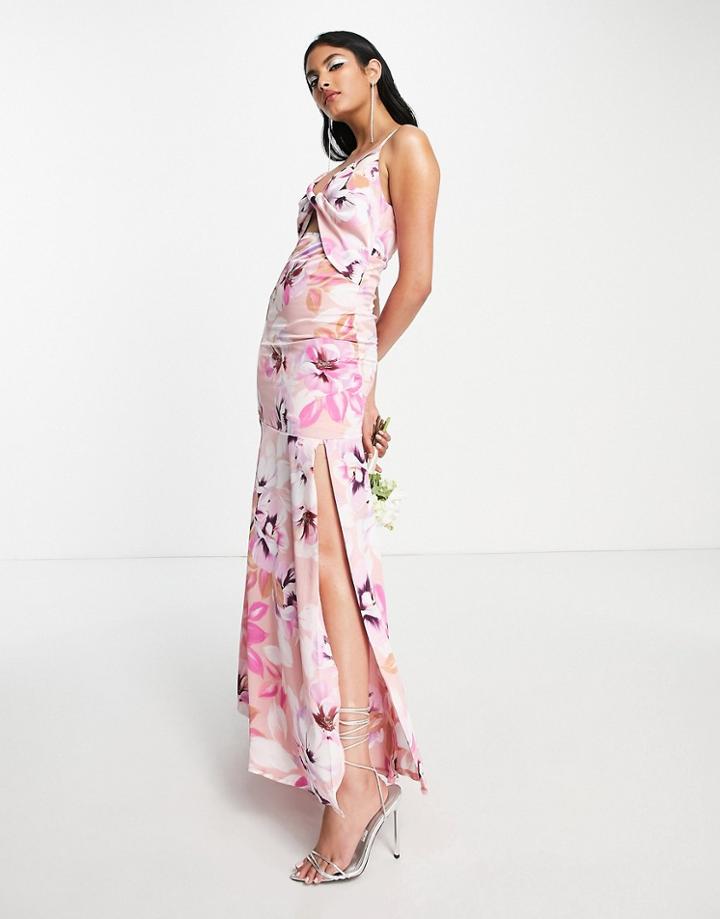 Liquorish Bridesmaid Satin Twist Front Maxi Dress With Slit In Pastel Floral-multi