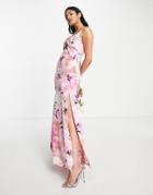 Liquorish Bridesmaid Satin Twist Front Maxi Dress With Slit In Pastel Floral-multi