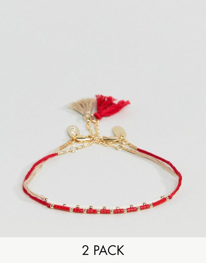 Orelia Seedbead & Tassel Bracelet 2 Pack - Red