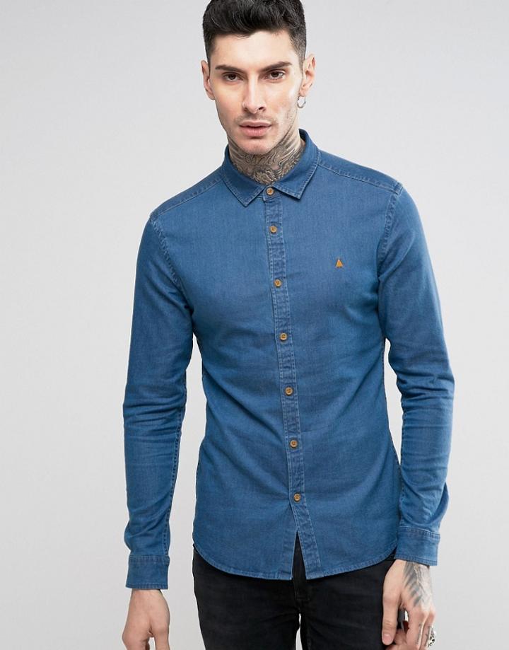 Asos Skinny Denim Shirt In Mid Wash With Logo - Blue