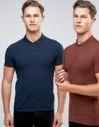 Asos 2 Pack Extreme Muscle Polo Shirt In Chestnut/navy Save - Multi