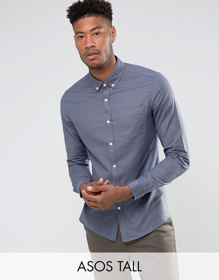 Asos Tall Stretch Slim Oxford Shirt In Blue - Blue