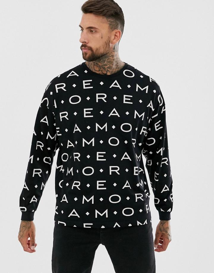 Asos Design Oversized Long Sleeve T-shirt With All Over With Amore Print-black
