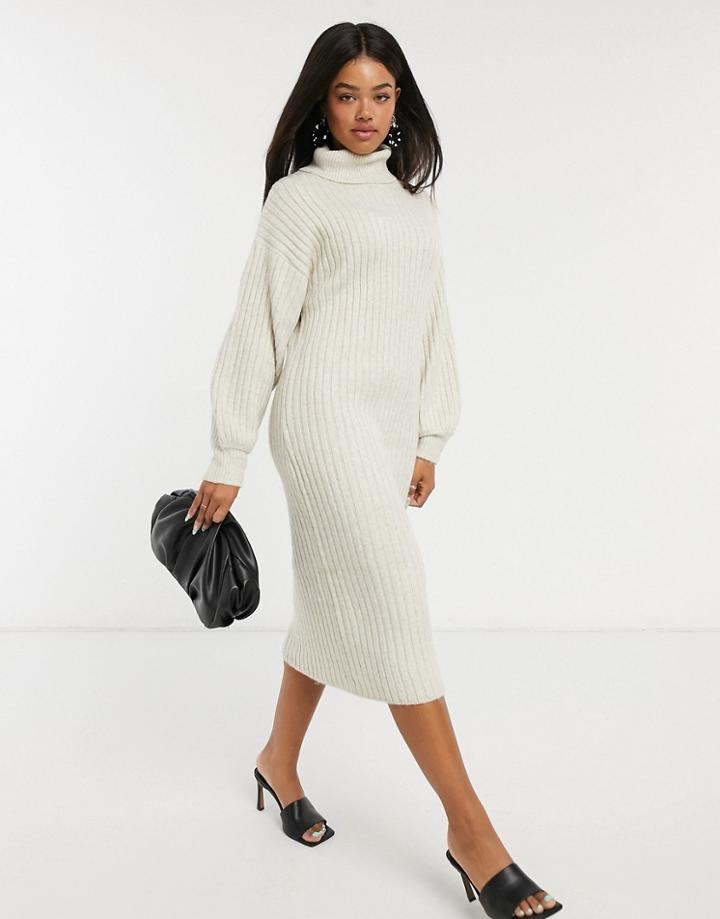 Asos Design Midi Ribbed Dress With Cowl Neck In Oatmeal-neutral