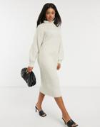 Asos Design Midi Ribbed Dress With Cowl Neck In Oatmeal-neutral