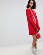 Asos Knitted Mini Dress With Slash Neck And Balloon Sleeves - Red