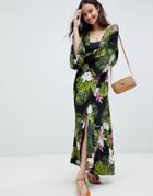 Asos Design Dark Tropical Print Long Sleeve Plunge Beach Maxi Dress - Multi