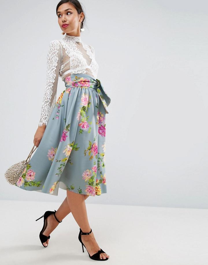 Asos Scuba Prom Skirt In Print With Tie Waist - Multi