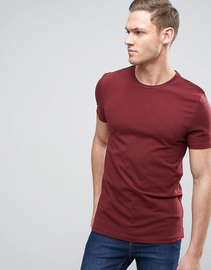 Asos Muscle Fit T-shirt With Crew Neck And Stretch In Burgundy - Beige