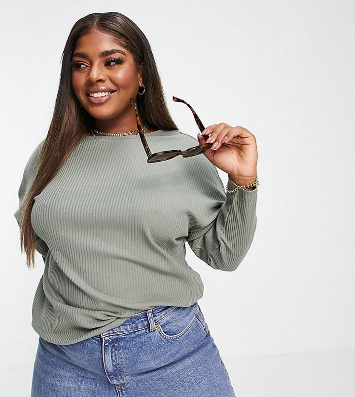 Asos Design Curve Batwing Top In Super Soft Cozy Rib In Khaki-green