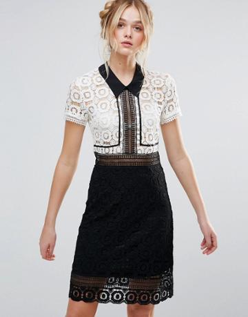 Rd & Koko Monochrome Lace Pencil Dress - Black