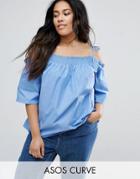 Asos Curve Cold Shoulder Top In Cotton With Tie Shoulder - Blue