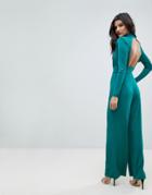 Asos Jumpsuit With Wrap Cut Out And Wide Leg In Jersey - Blue