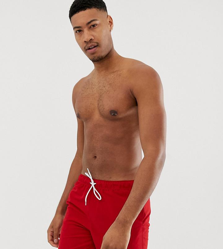 Asos Design Tall Swim Shorts In Red In Mid Length - Red