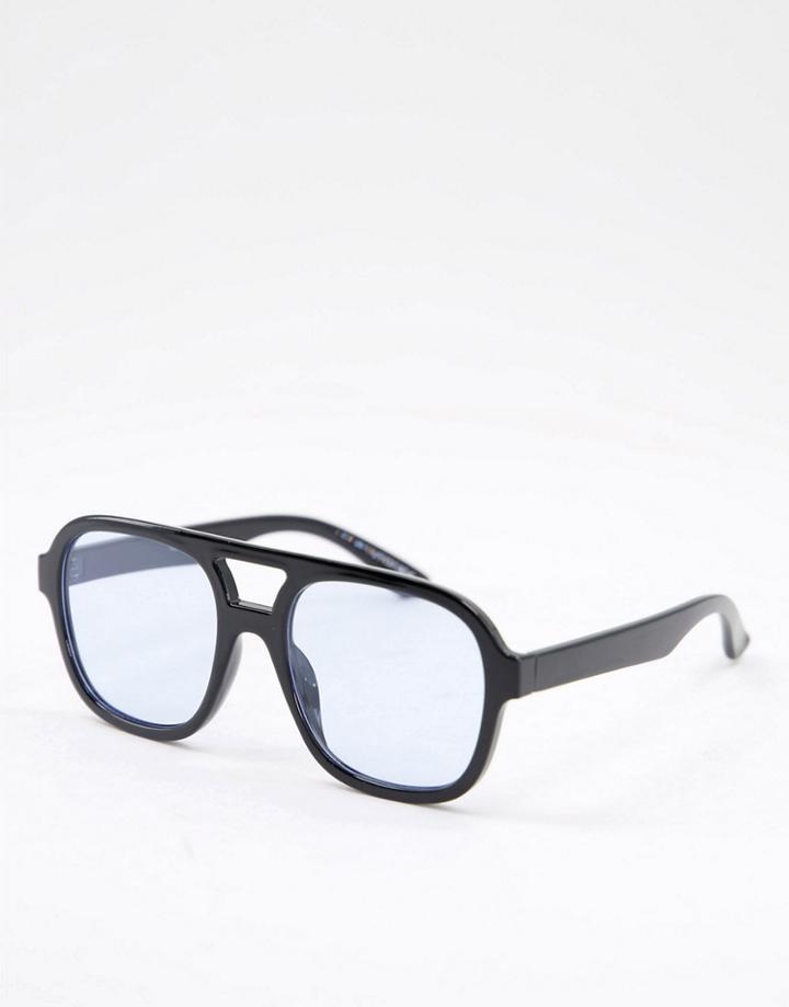 Asos Design Aviator Frame Sunglasses With Blue Lens In Black - Black