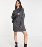 Asos Design Tall Knitted Mini Dress With Zip Collar In Charcoal Gray