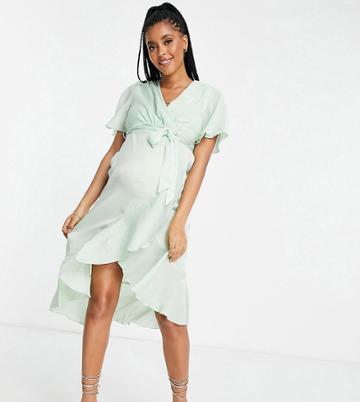Twisted Wunder Maternity Satin Wrap Front Midi Dress In Mint-green