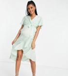 Twisted Wunder Maternity Satin Wrap Front Midi Dress In Mint-green