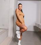 Asyou Ribbed Body Conscious Bardot Mini Dress With Underboob Detail In Camel-brown