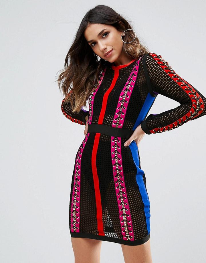 Wow Couture Contrast Lace Up Panel Mini Bodycon Dress - Multi
