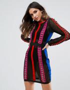 Wow Couture Contrast Lace Up Panel Mini Bodycon Dress - Multi